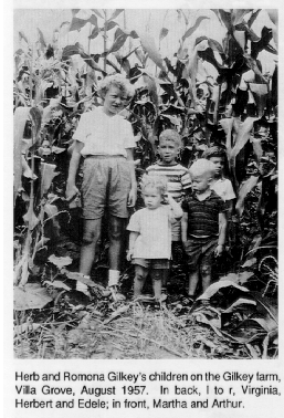Herb and Romona Gilkey's children on the Gilkey farm, Villa Grove,
	August 1957.