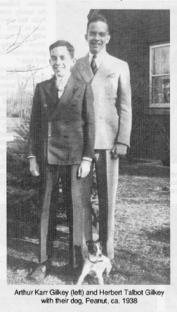 Arthur Karr Gilkey (left) and Herbert Talbot Gilkey
	with their dog, Peanut, ca. 1938